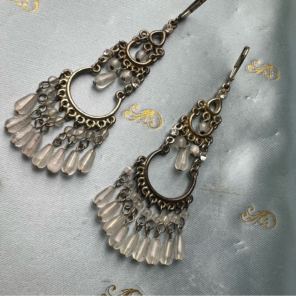 Vintage Chandelier Drop Earrings, Clear Crystal Dangles, Antiqued Tone